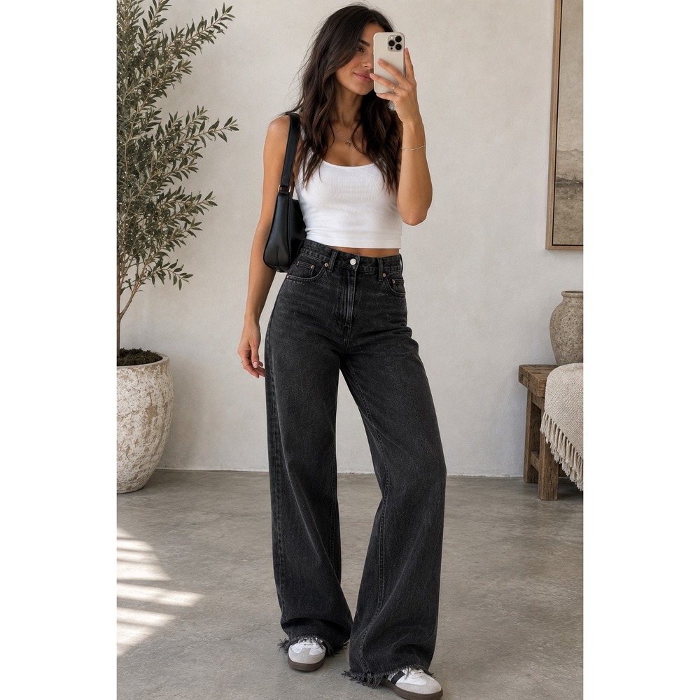 Zara High Rise Wide Leg Jeans Black Charcoal Raw Hem Extra Long US 12